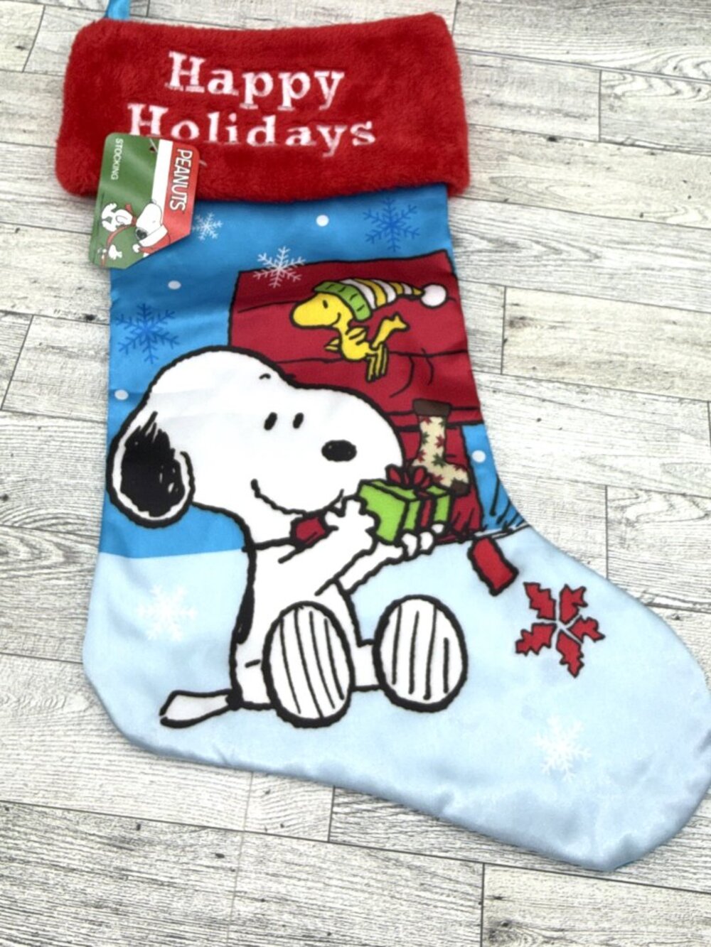 NWT 2018 Peanuts Snoopy & Woodstock Happy Holidays Satin Christmas Stocking